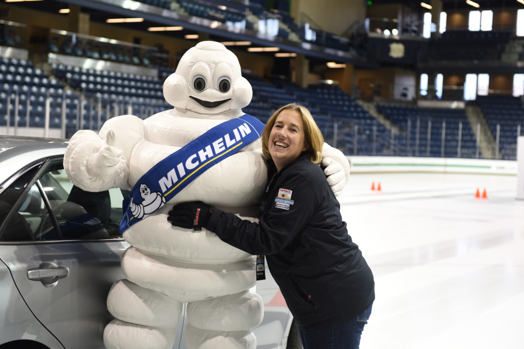 Nicole hugs the squeezable Michelin Man